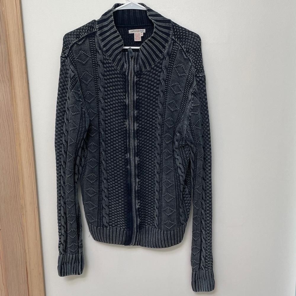 Carbon 2 Cobalt blue sweater Cable Knit Full Zip Linen Cotton Blend